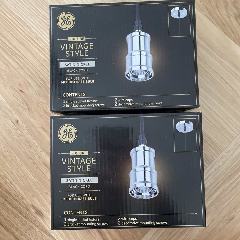 2 GE Vintage Style Light Bulb Pendant Socket Fixture Satin Nickel Black Cord